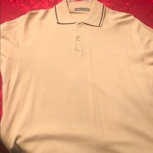Tan men’s cotton polo from Italy; black trim clean